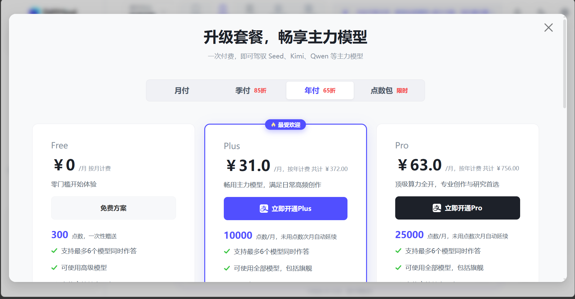 Free、Plus、Pro 会员方案对比