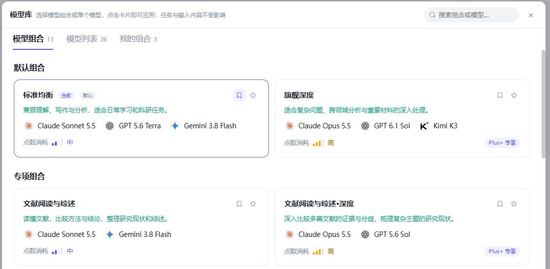 模型库：模型组合页签下的默认组合与专项组合卡片，卡片上有收藏和设为默认按钮，以及点数消耗标识