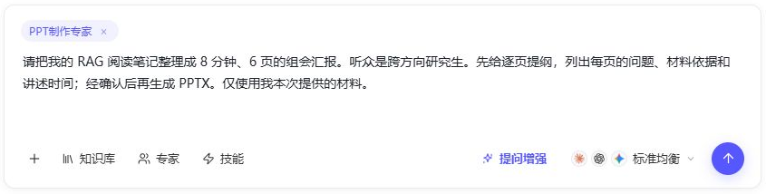 输入区显示 PPT制作专家标签，要求把 RAG 阅读笔记整理成 8 分钟、6 页的组会汇报，先给逐页提纲